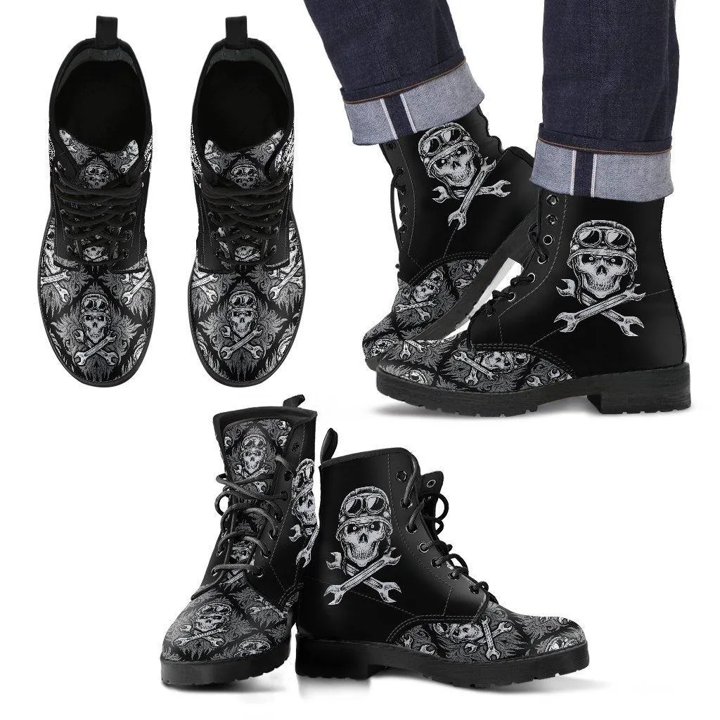 Skull Motif Gothic Biker Boots, Vegan-Friendly Leather, Black