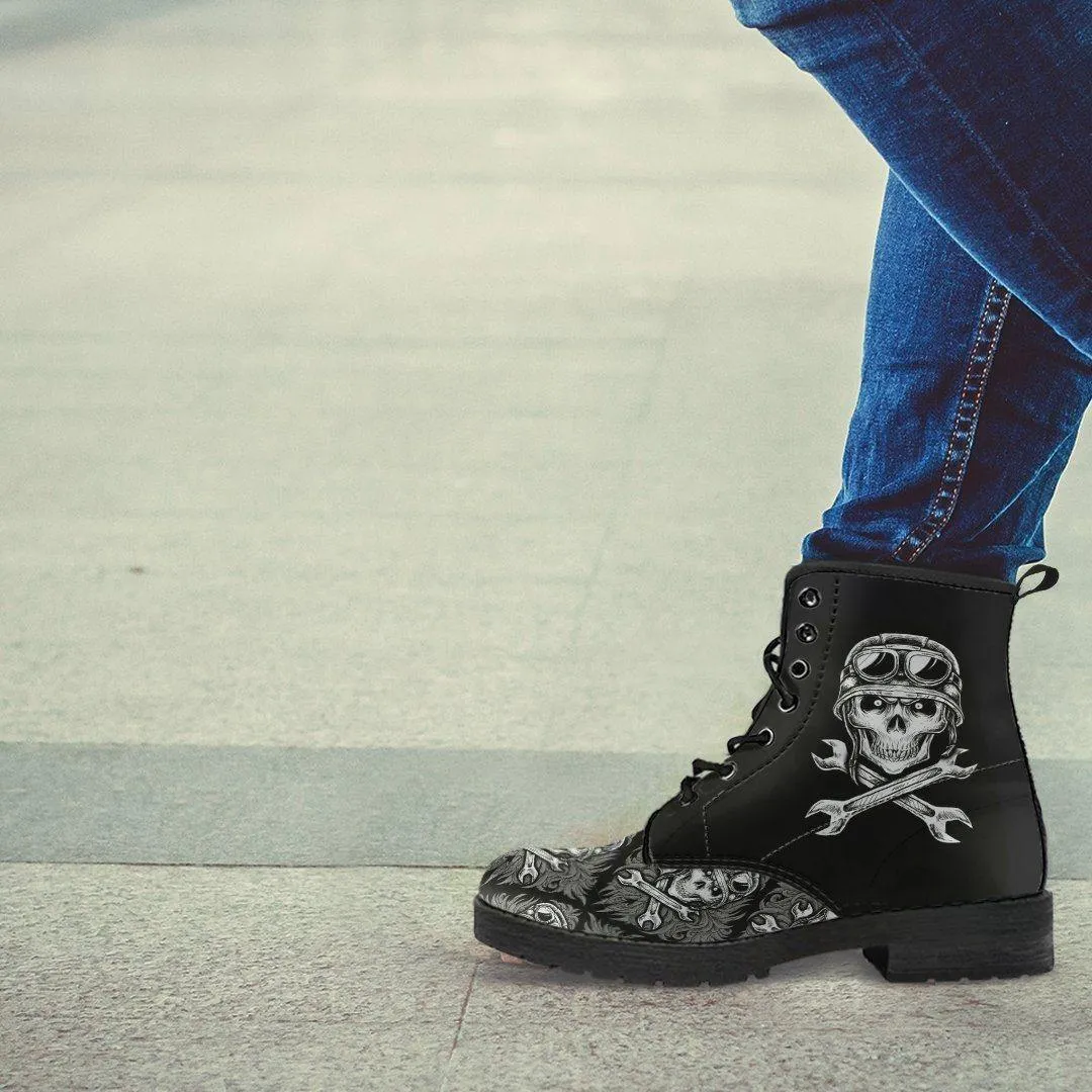 Skull Motif Gothic Biker Boots, Vegan-Friendly Leather, Black