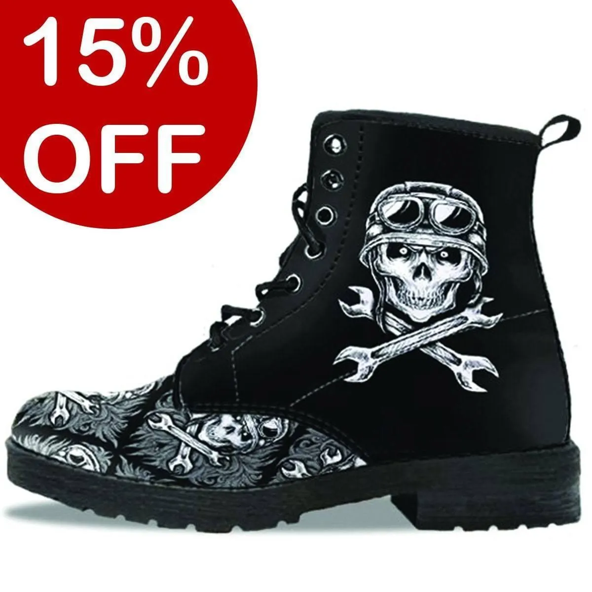 Skull Motif Gothic Biker Boots, Vegan-Friendly Leather, Black