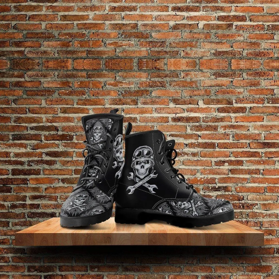 Skull Motif Gothic Biker Boots, Vegan-Friendly Leather, Black