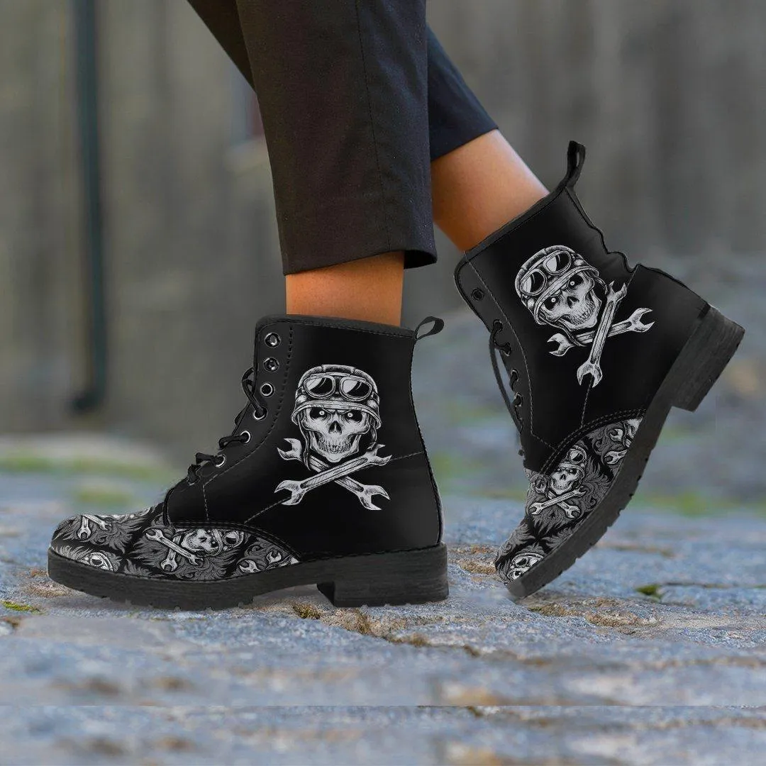 Skull Motif Gothic Biker Boots, Vegan-Friendly Leather, Black