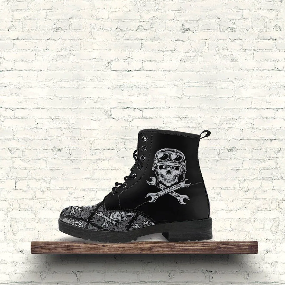 Skull Motif Gothic Biker Boots, Vegan-Friendly Leather, Black