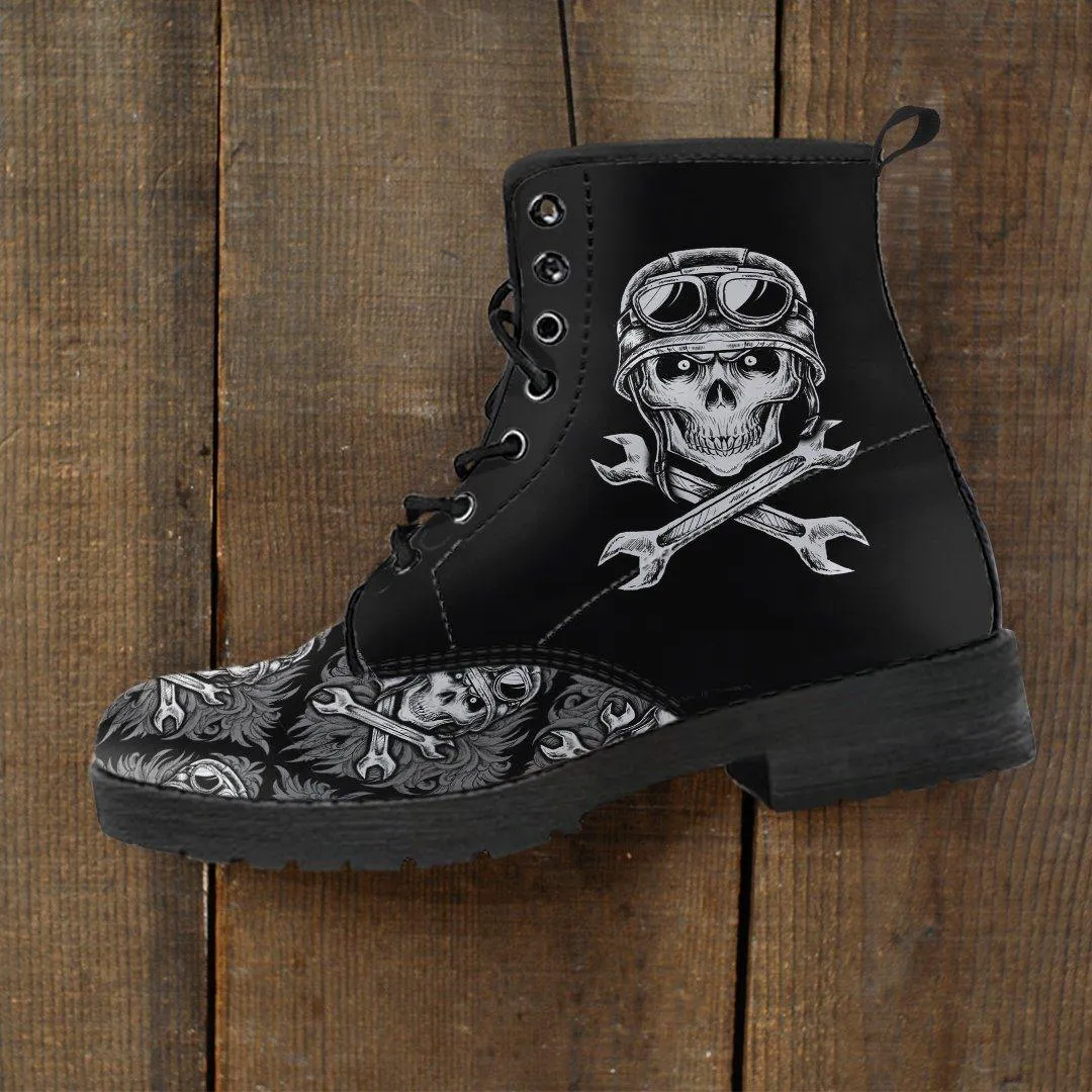 Skull Motif Gothic Biker Boots, Vegan-Friendly Leather, Black