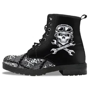 Skull Motif Gothic Biker Boots, Vegan-Friendly Leather, Black