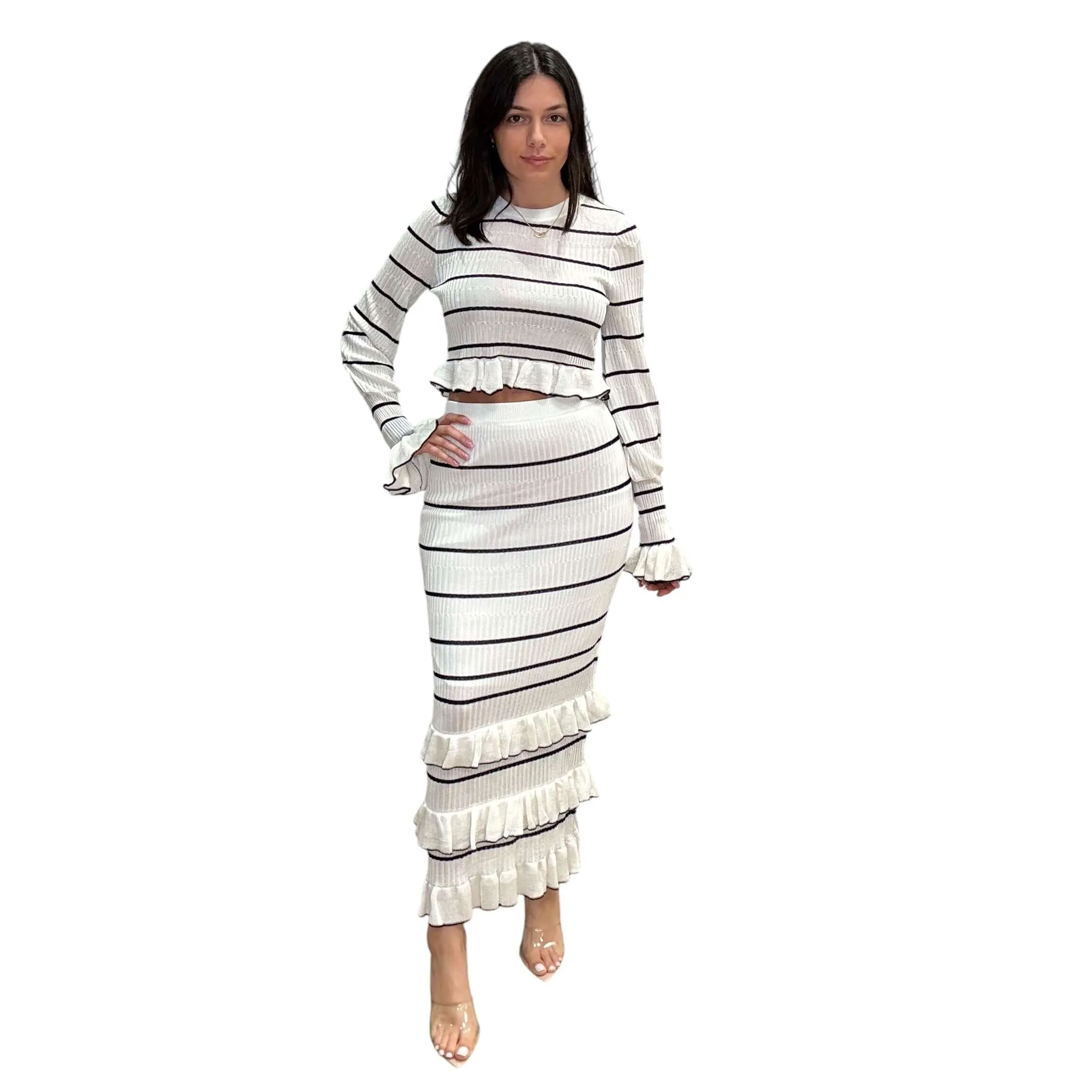 Striped Ruffle Crop Top and Skirt Set