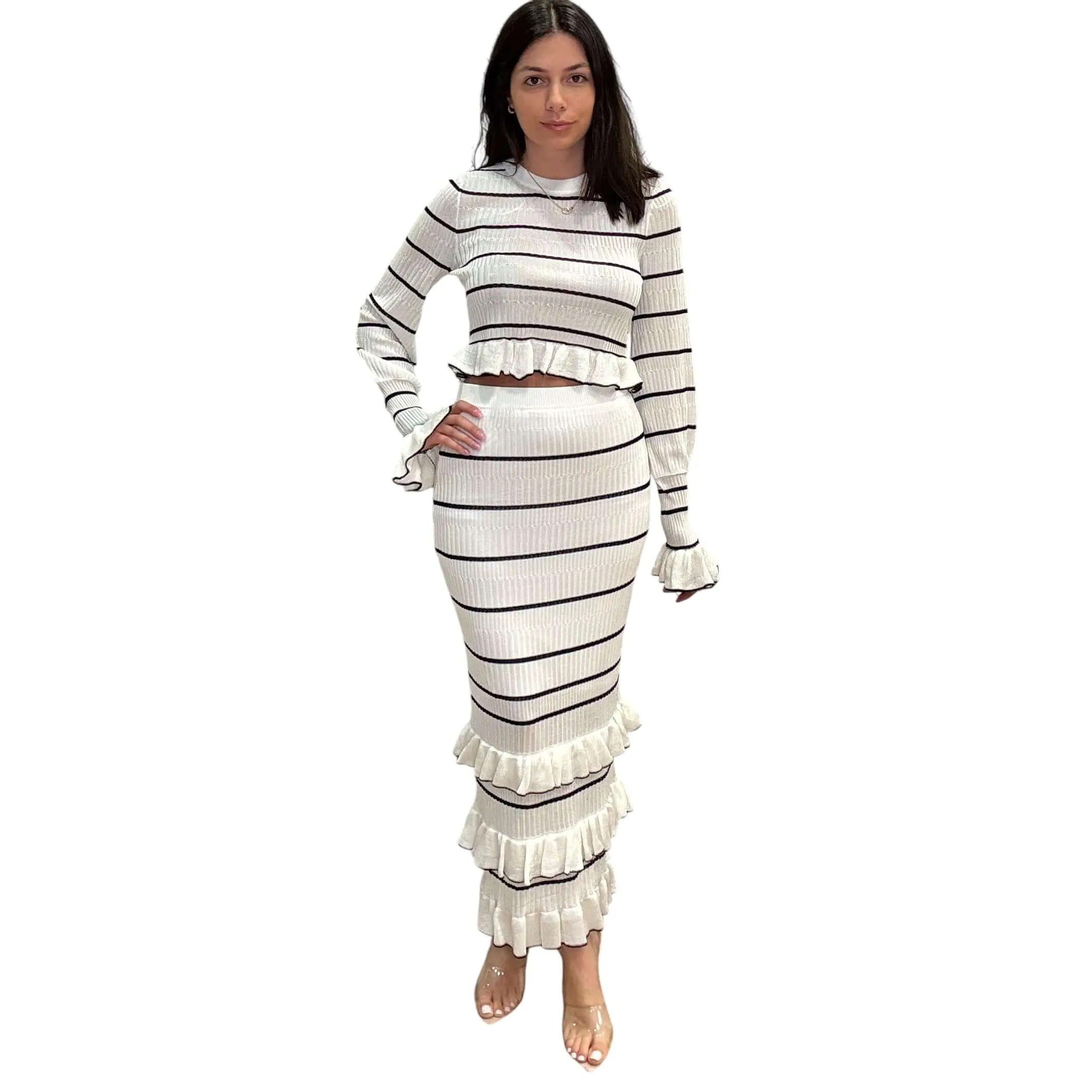 Striped Ruffle Crop Top and Skirt Set