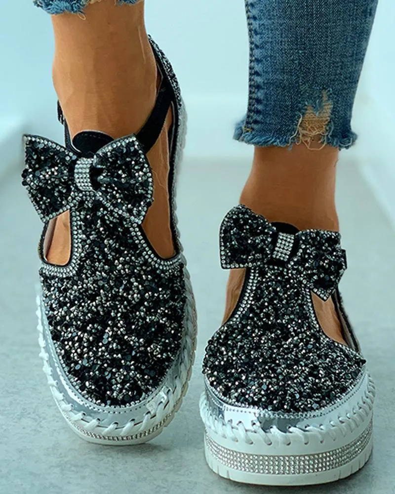 Studded Bowknot Cutout Casual Shoes