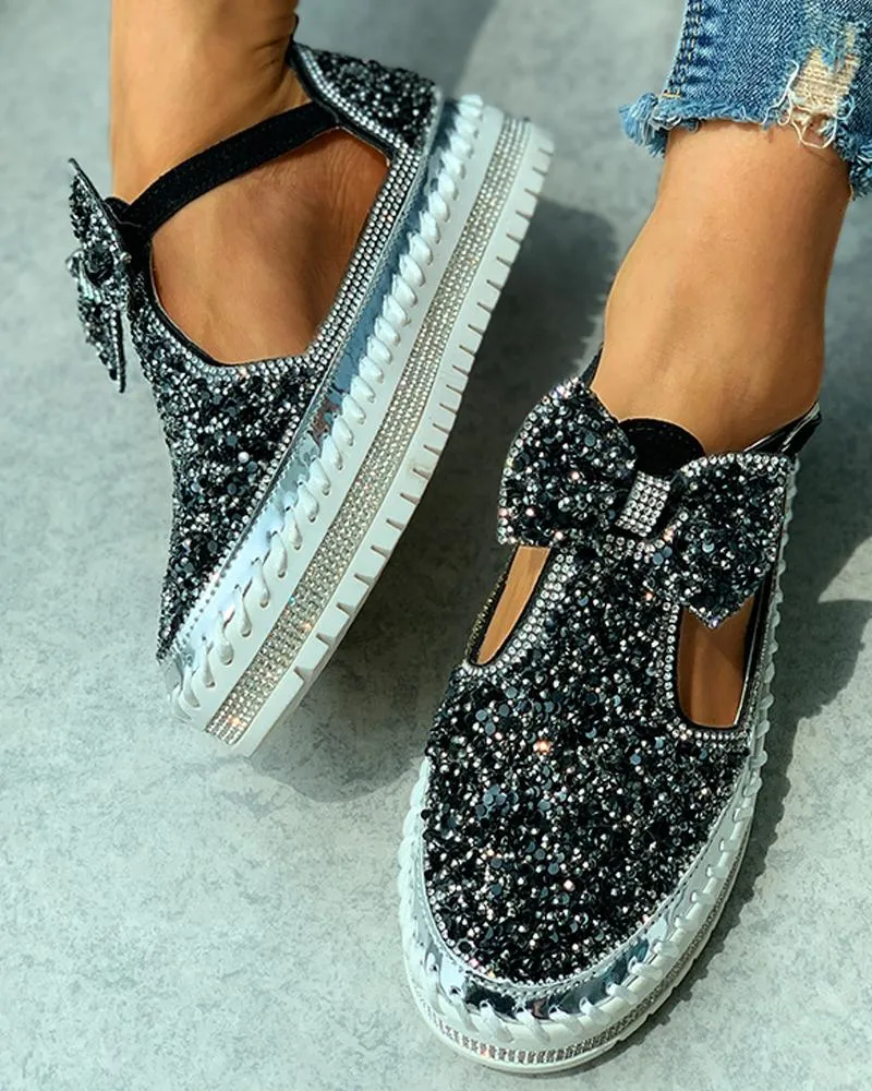 Studded Bowknot Cutout Casual Shoes