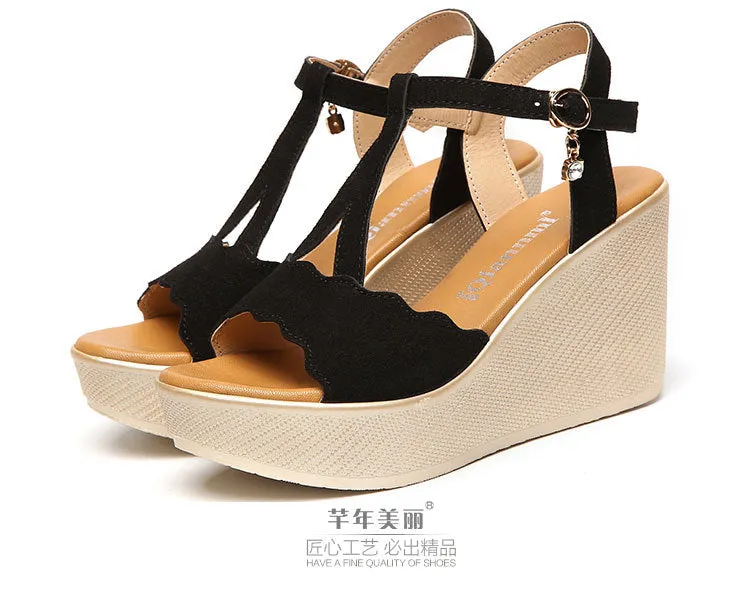 Suede Open-toe Platform Ankle Strap Wedge Sandals