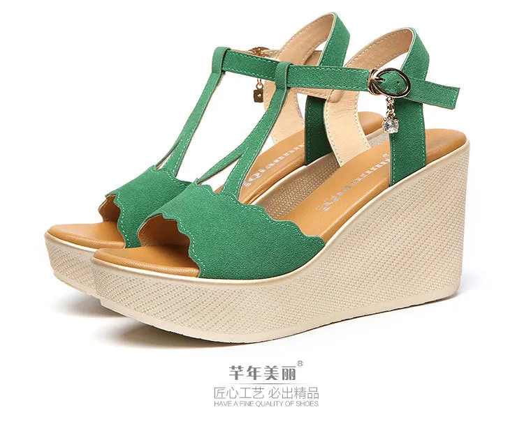 Suede Open-toe Platform Ankle Strap Wedge Sandals