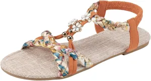 Summer Bohemian Sandals for Women Fashion Lightweight T-Strap Buckle Crystal Flats Walking Shoes Casual Comfortable Open Toe Jeweled Flat Flip Flops Thong Sandals