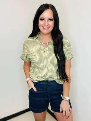 Syd Striped Button Up Olive Blouse