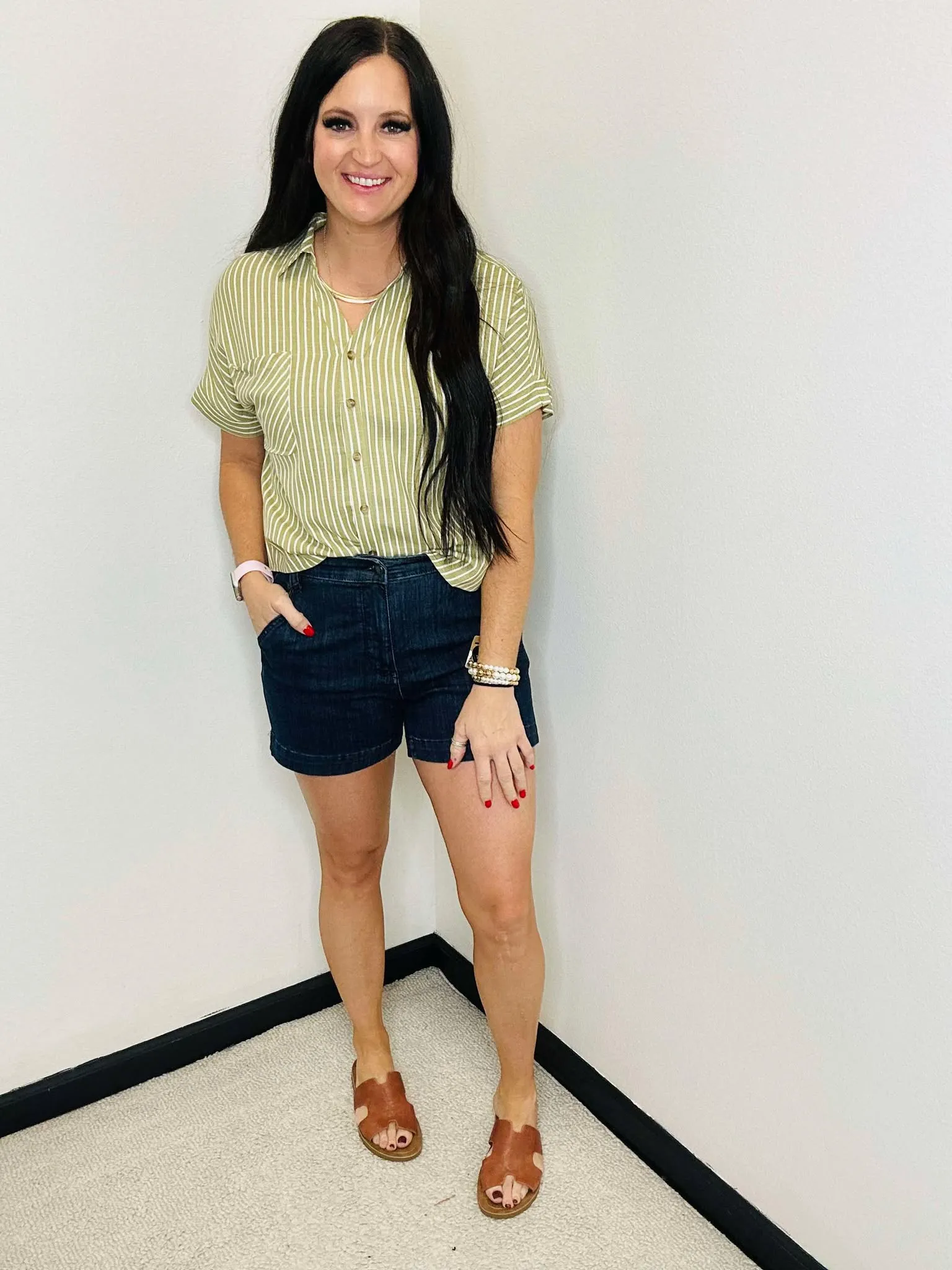 Syd Striped Button Up Olive Blouse
