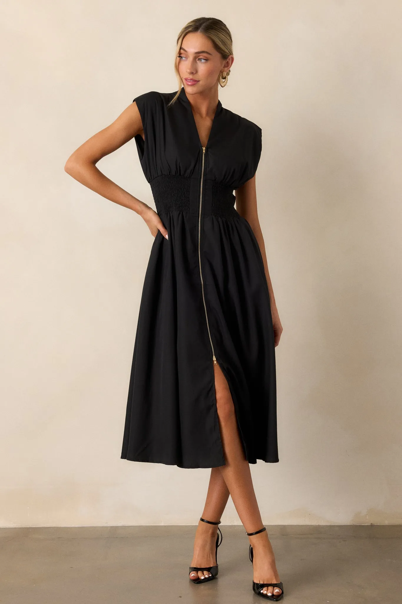 The Evette Black Zip Front Midi Dress