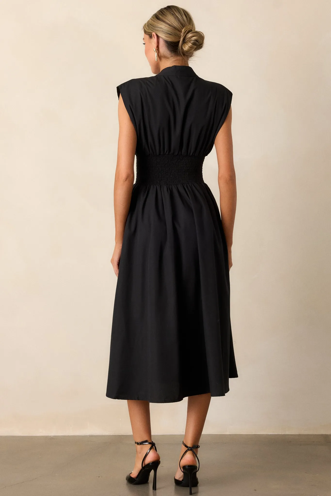 The Evette Black Zip Front Midi Dress
