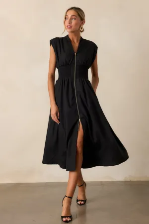 The Evette Black Zip Front Midi Dress