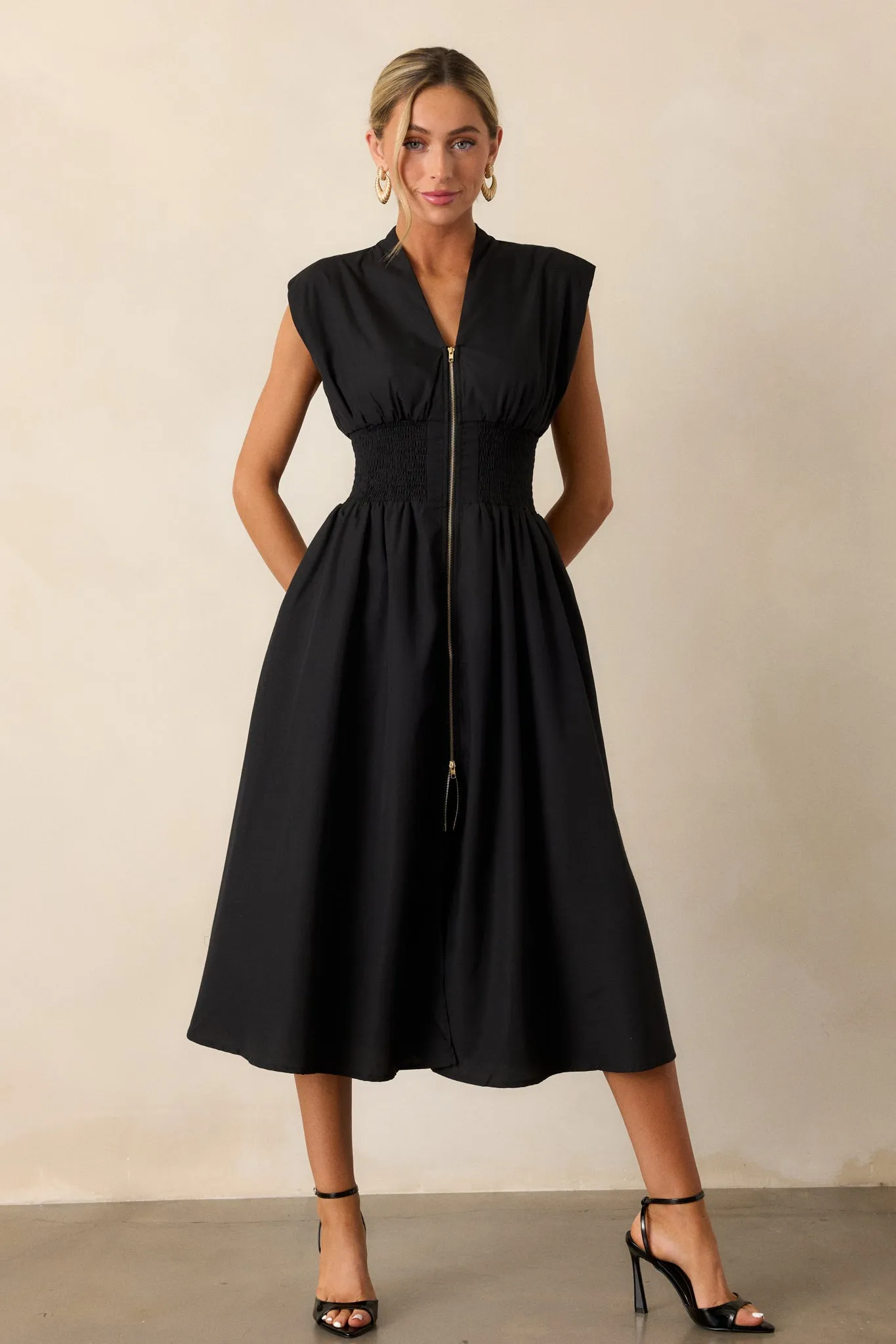 The Evette Black Zip Front Midi Dress