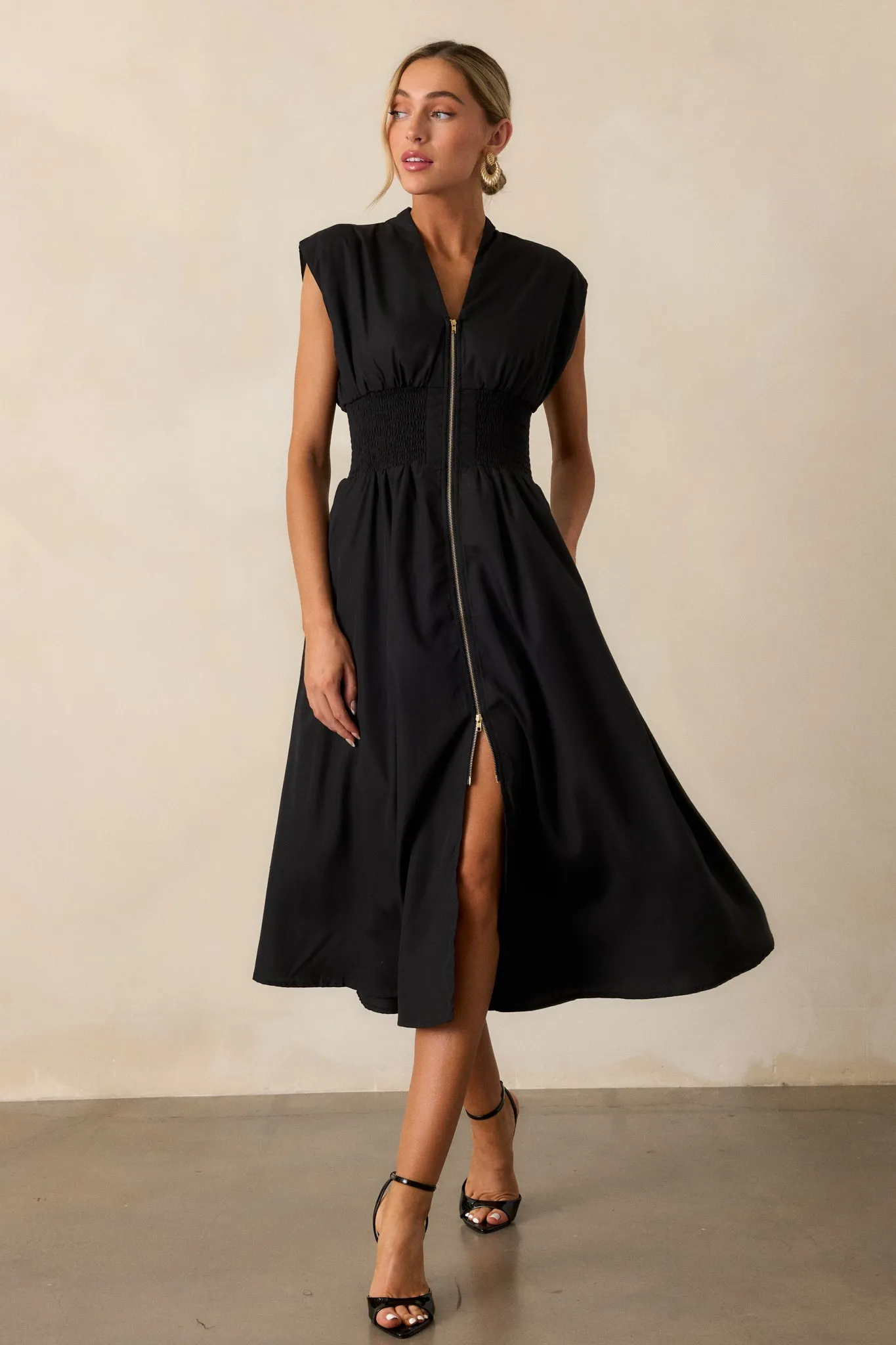The Evette Black Zip Front Midi Dress