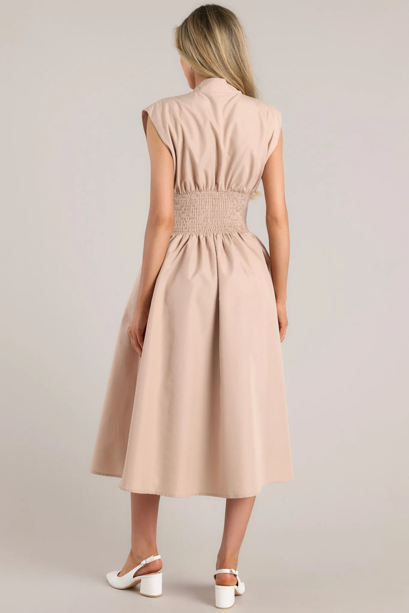 The Evette Tan Zip Front Midi Dress
