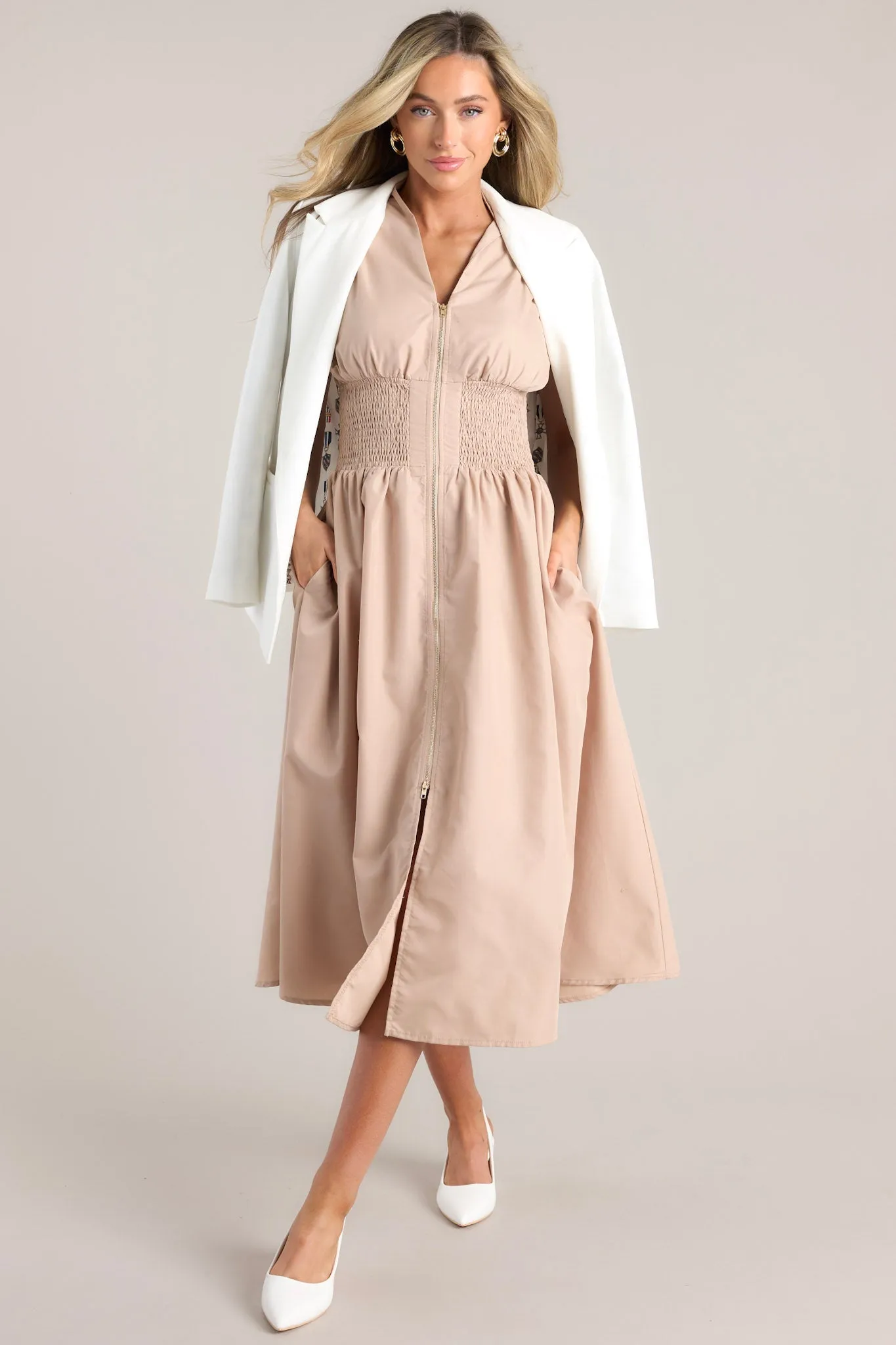 The Evette Tan Zip Front Midi Dress