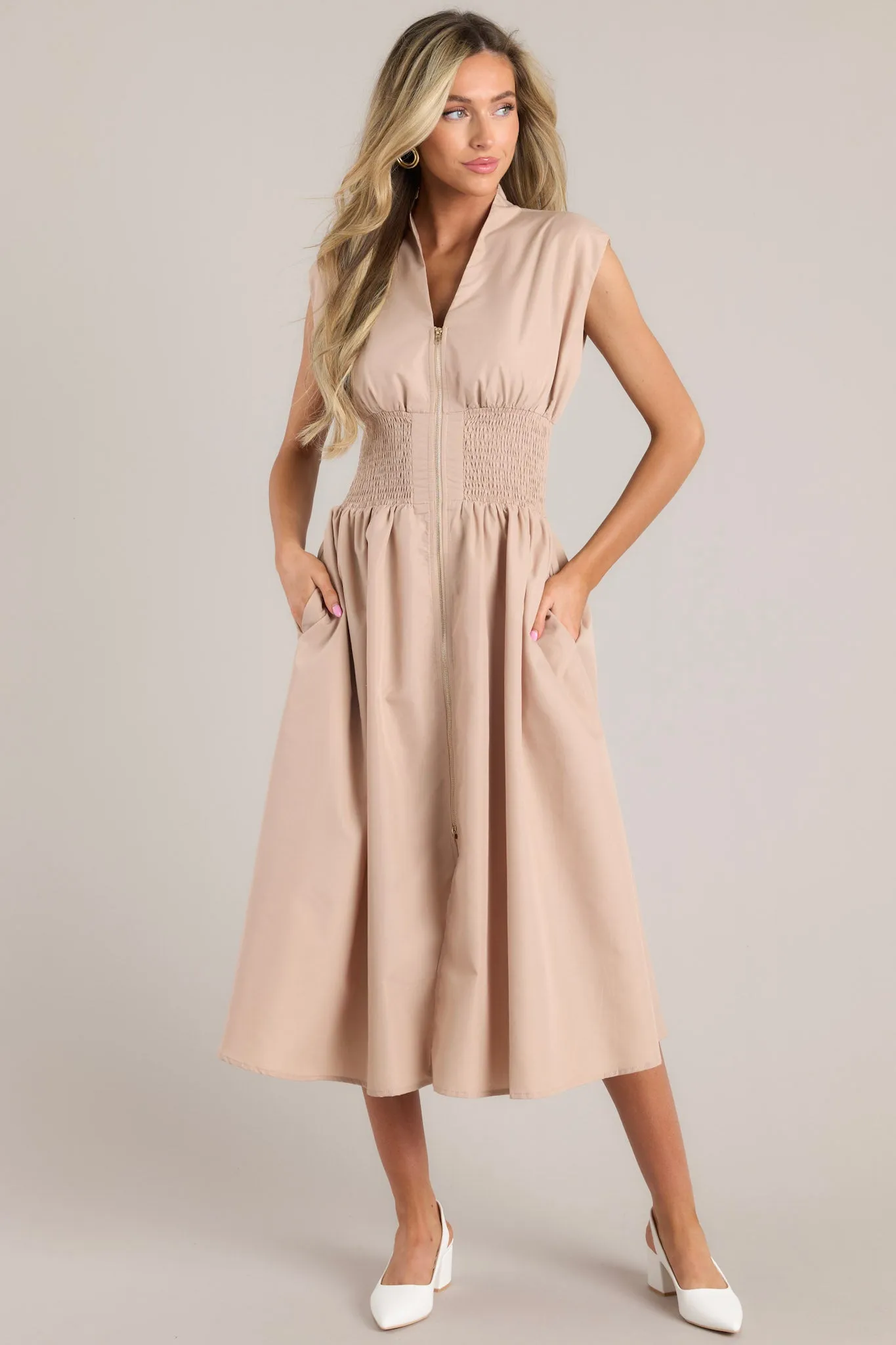 The Evette Tan Zip Front Midi Dress