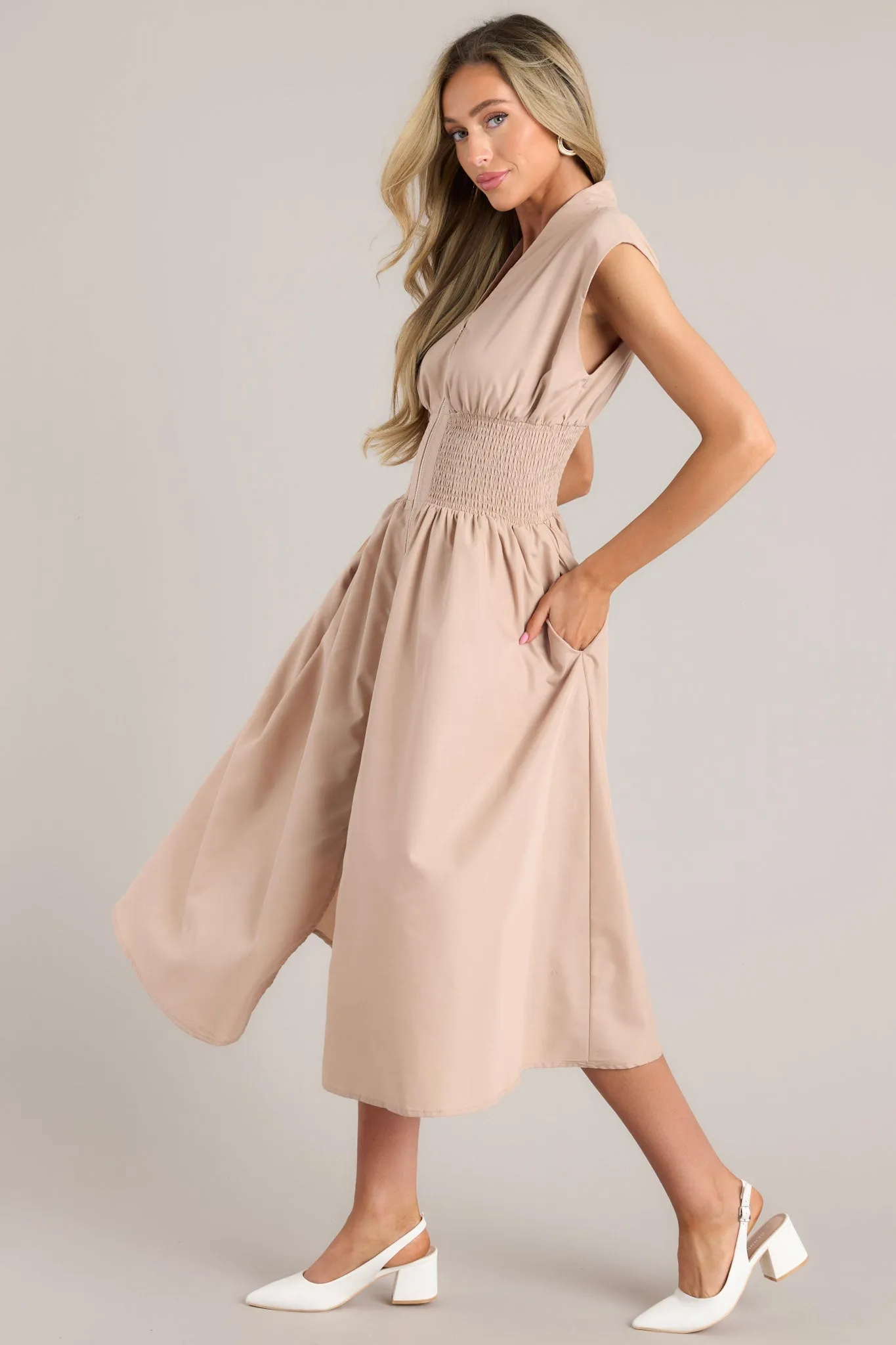 The Evette Tan Zip Front Midi Dress