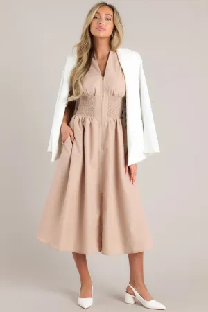 The Evette Tan Zip Front Midi Dress