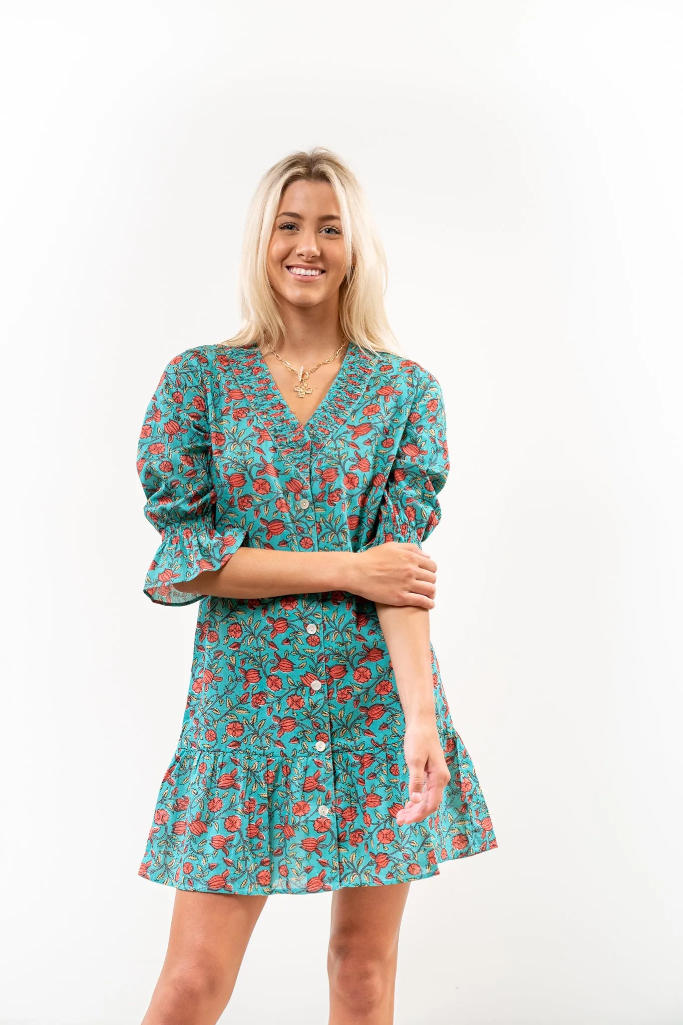 The Helena Jade Floral Cotton Button Front Smocking Detail Dress