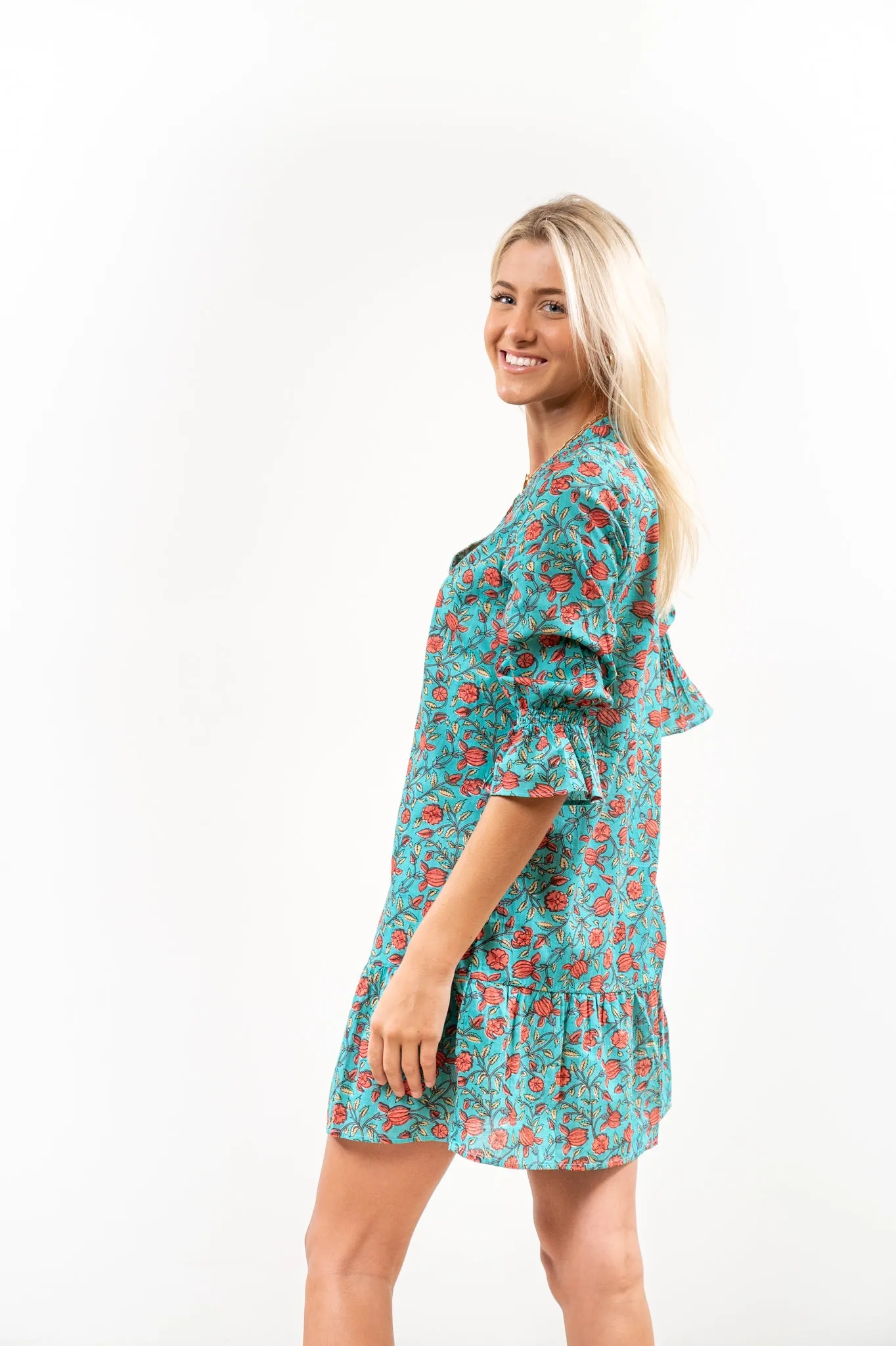 The Helena Jade Floral Cotton Button Front Smocking Detail Dress
