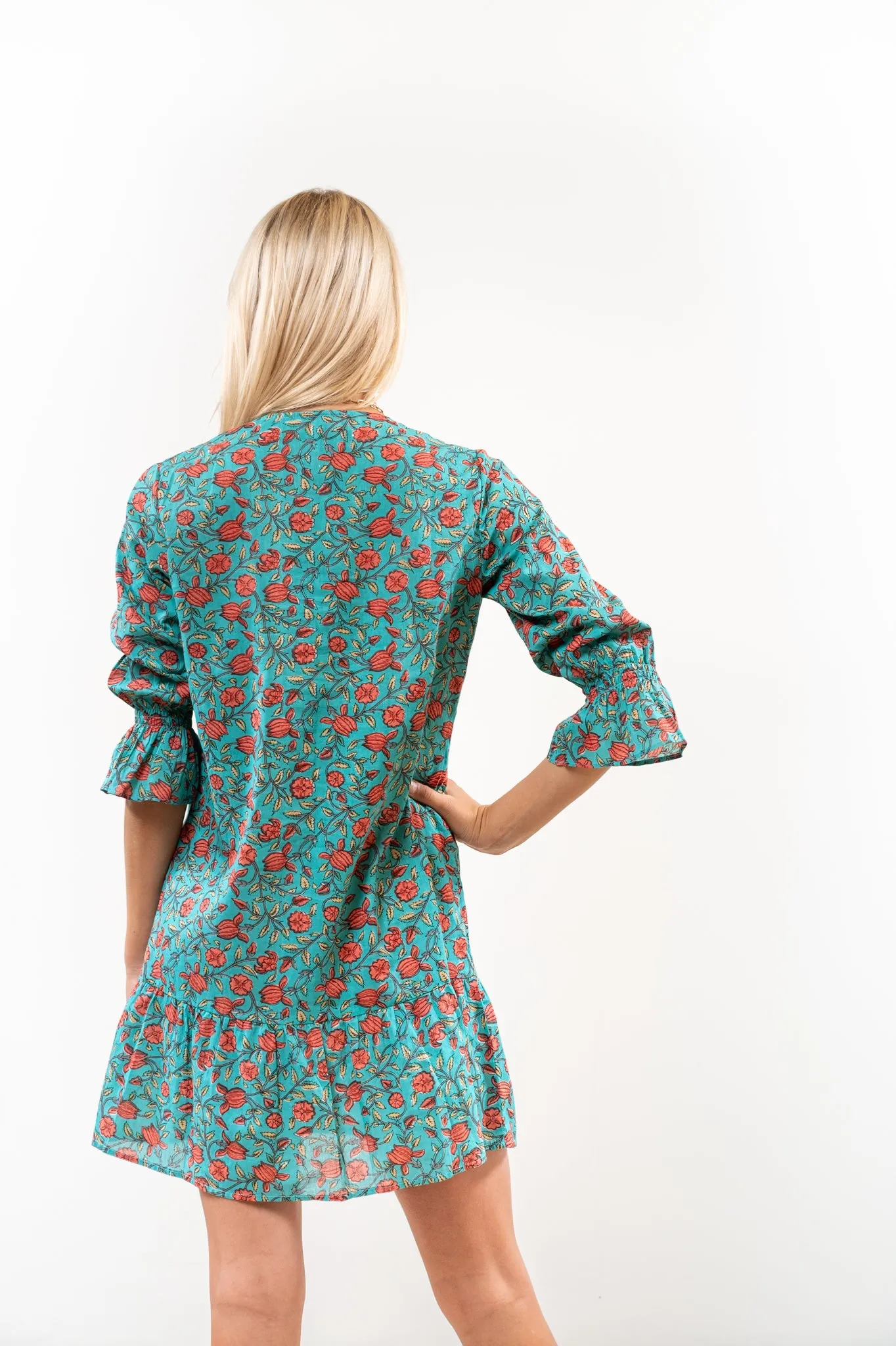 The Helena Jade Floral Cotton Button Front Smocking Detail Dress