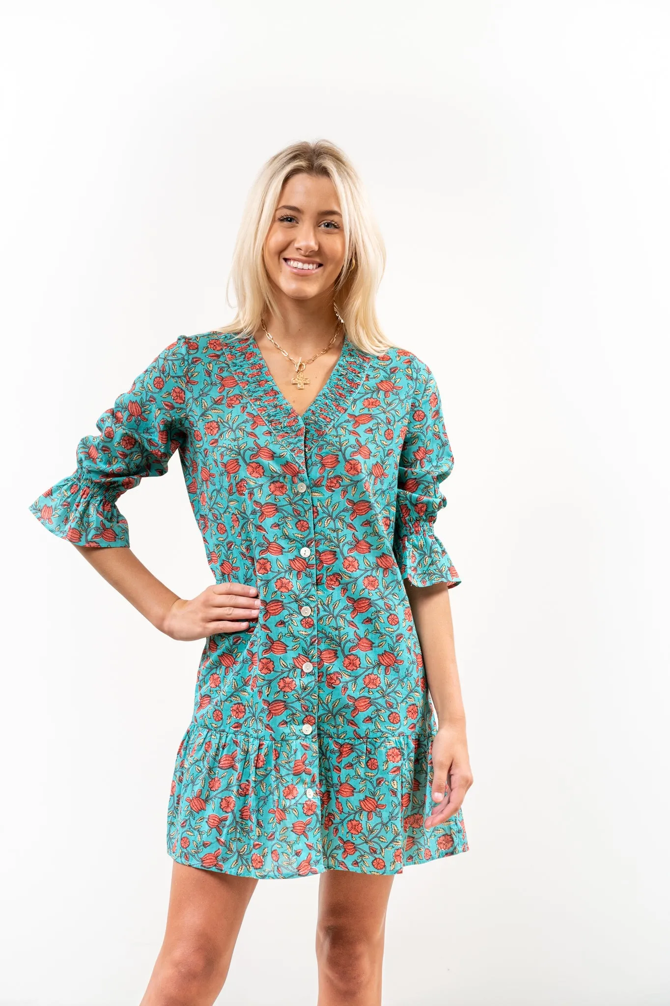 The Helena Jade Floral Cotton Button Front Smocking Detail Dress