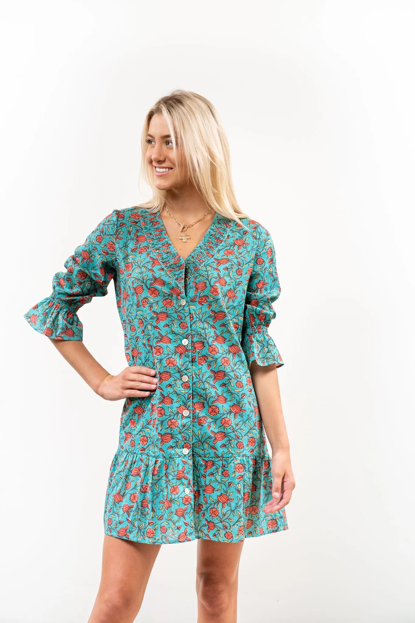 The Helena Jade Floral Cotton Button Front Smocking Detail Dress