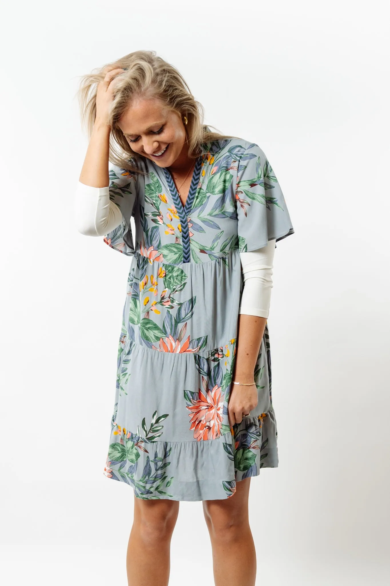 The Pamela Grey Floral Side Pocket Dress