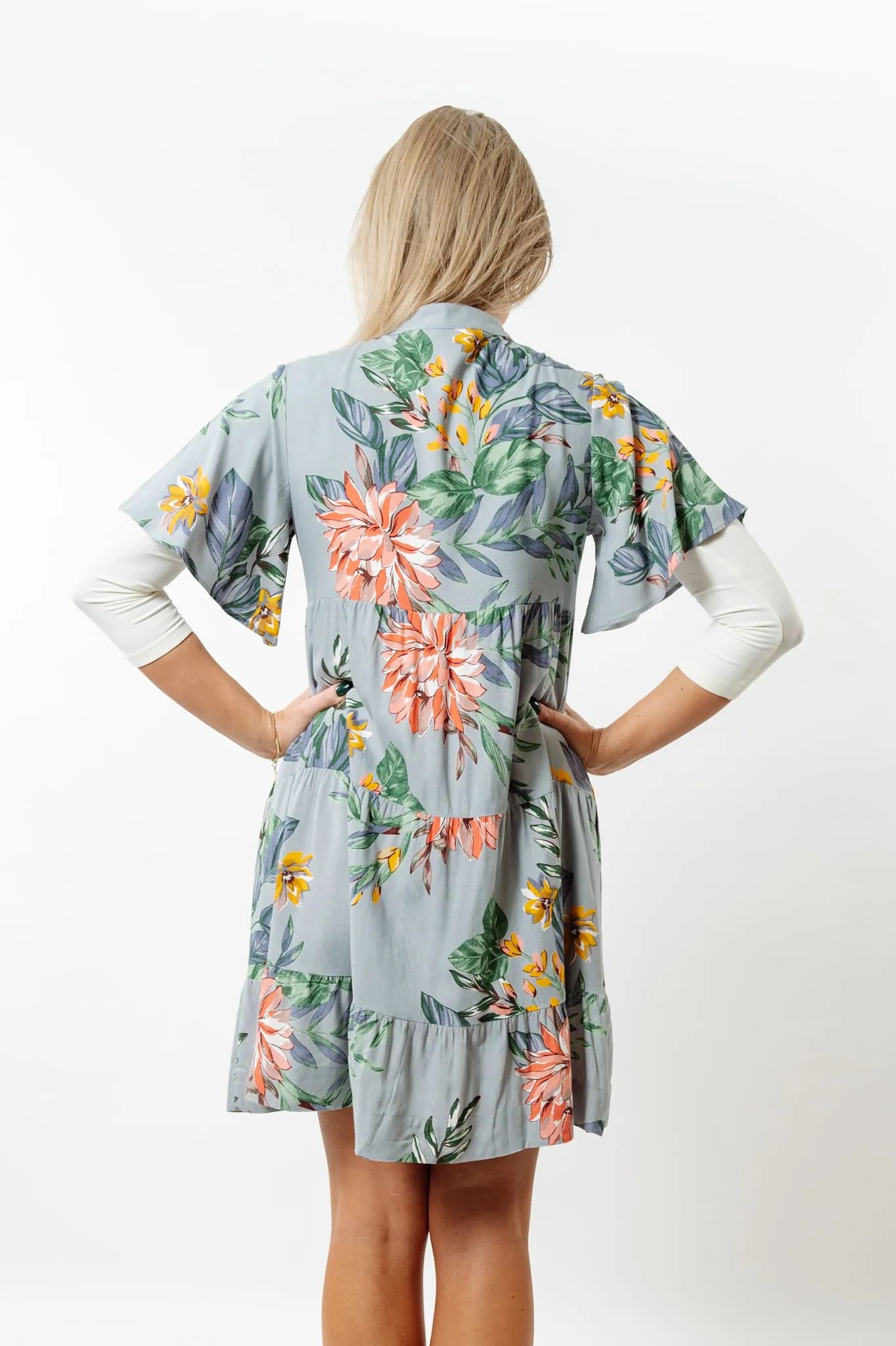 The Pamela Grey Floral Side Pocket Dress