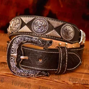 TOPACC Western Super Concho Longhorn Cow Bull Black Country Belts Genuine Leather