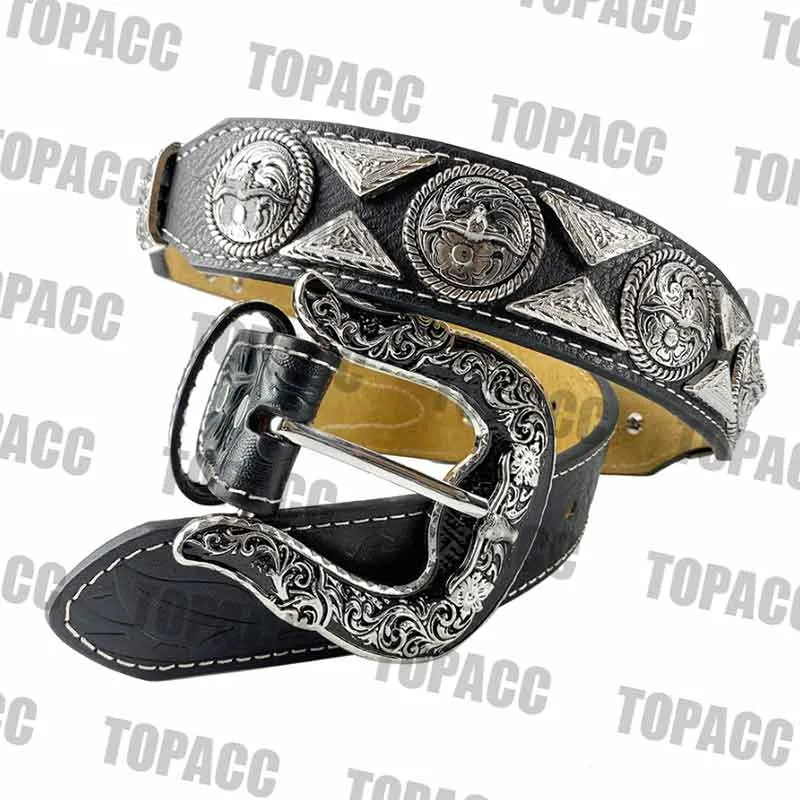 TOPACC Western Super Concho Longhorn Cow Bull Black Country Belts Genuine Leather