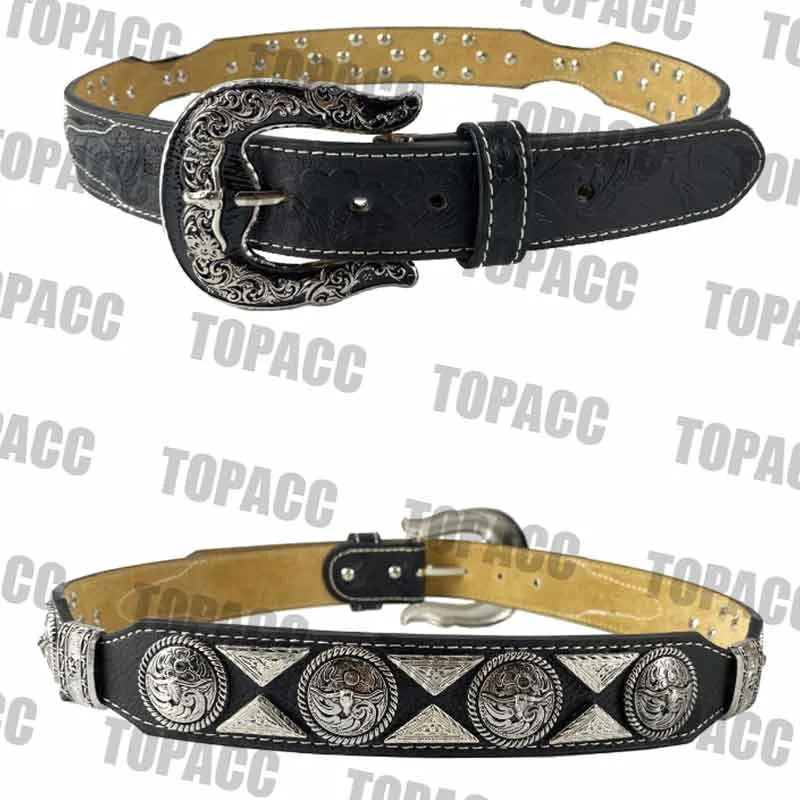 TOPACC Western Super Concho Longhorn Cow Bull Black Country Belts Genuine Leather