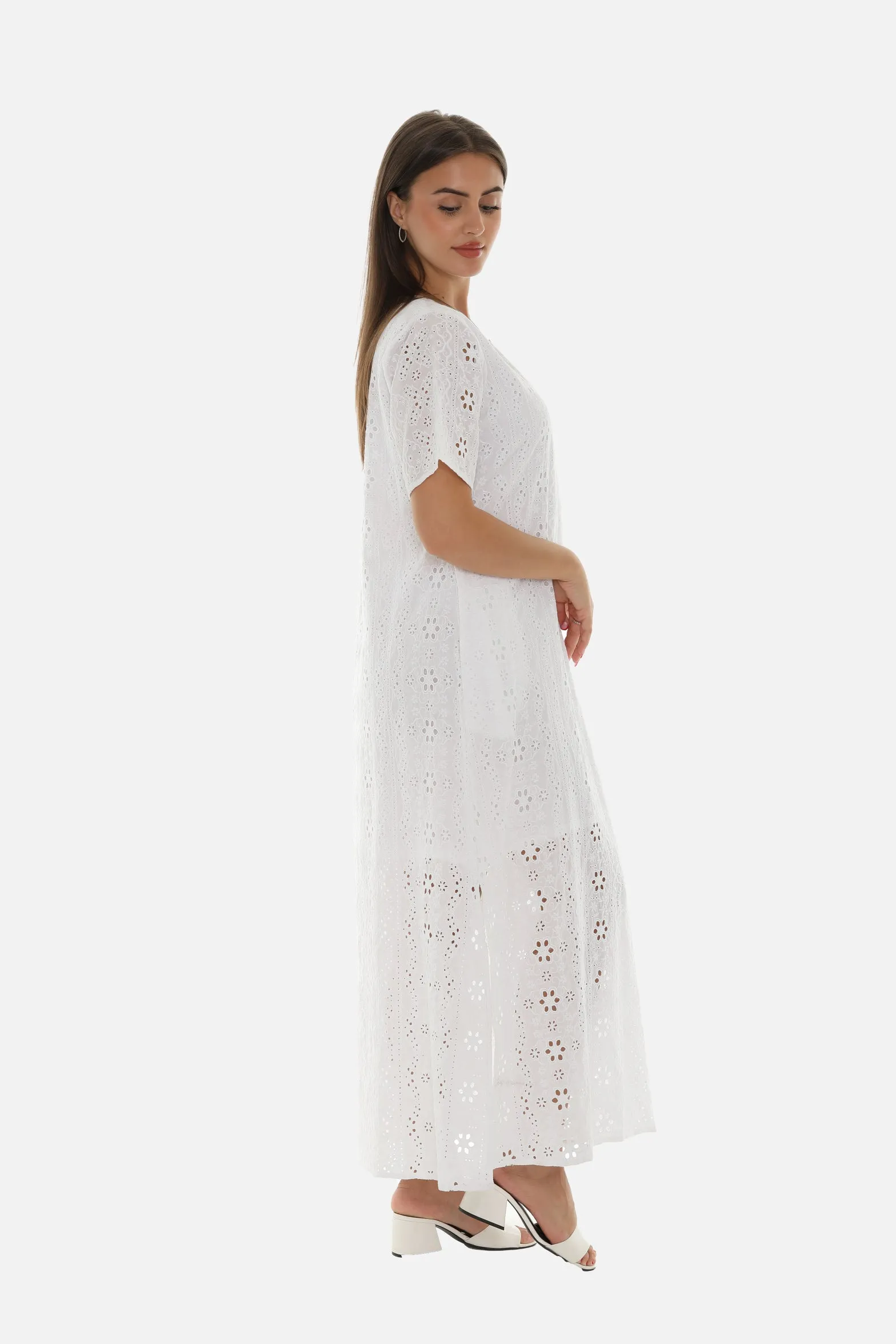 White Eyelet Half-Sleeve V-Neck Maxi Dress