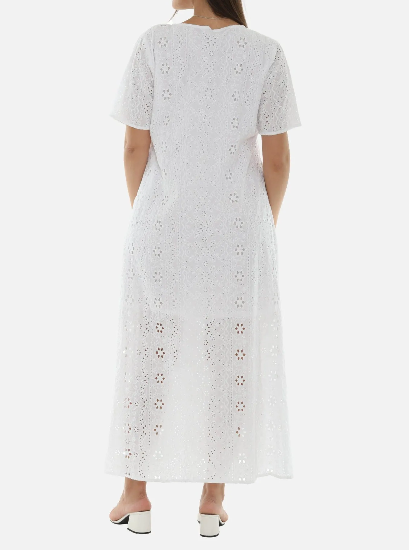 White Eyelet Half-Sleeve V-Neck Maxi Dress