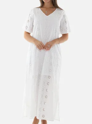 White Eyelet Half-Sleeve V-Neck Maxi Dress