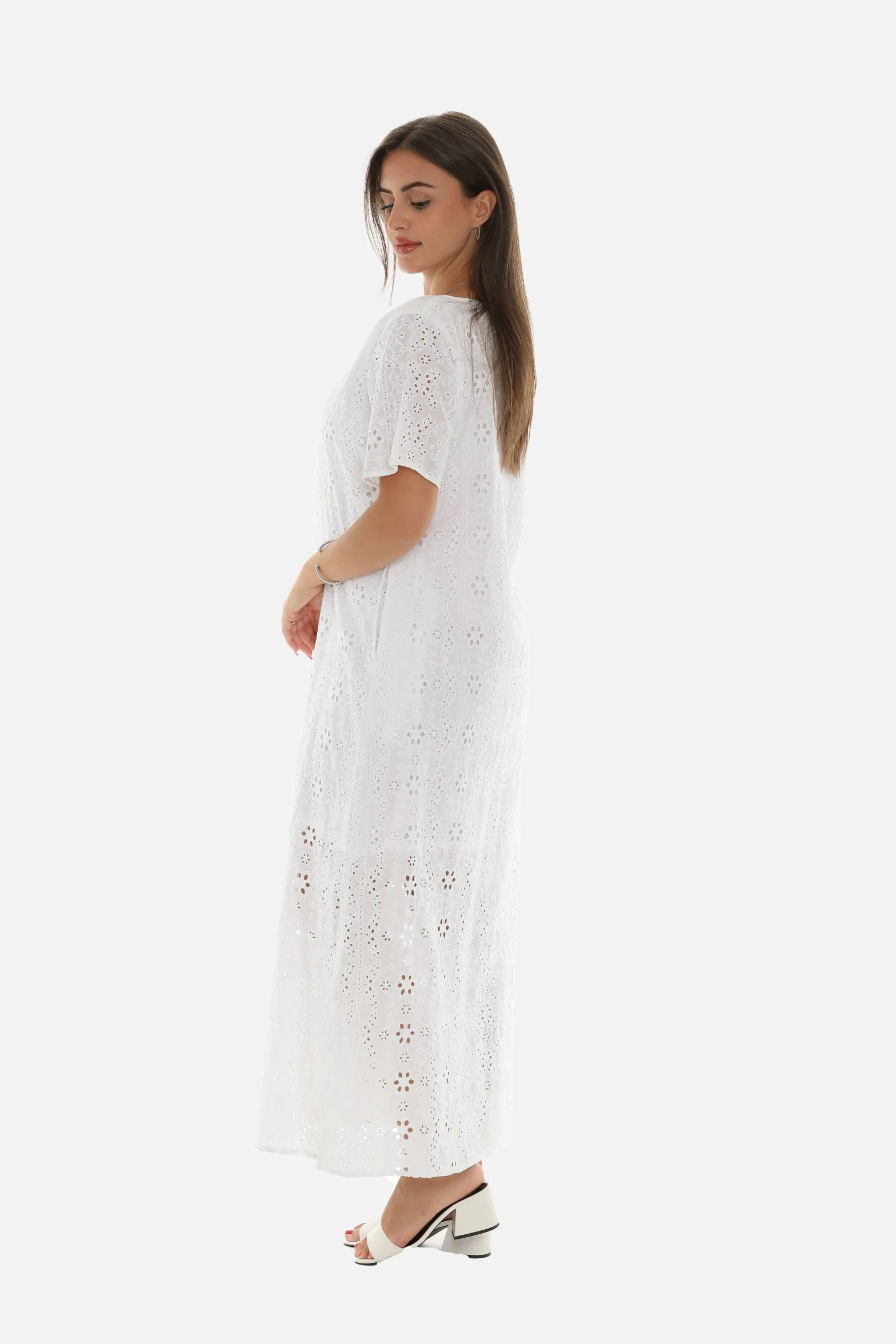 White Eyelet Half-Sleeve V-Neck Maxi Dress