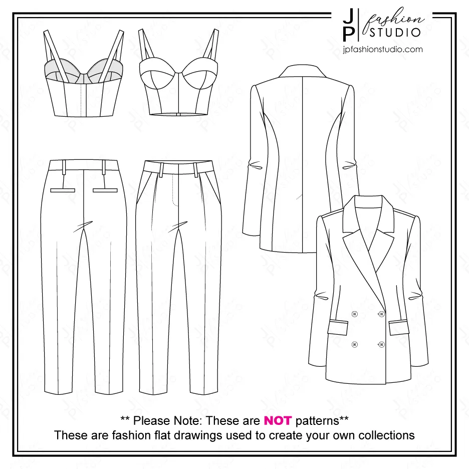 Women Suit Outfit Fashion Flat Sketches / Oversized Blazer / Classy Pantsuit Technical Drawings for Adobe Illustrator