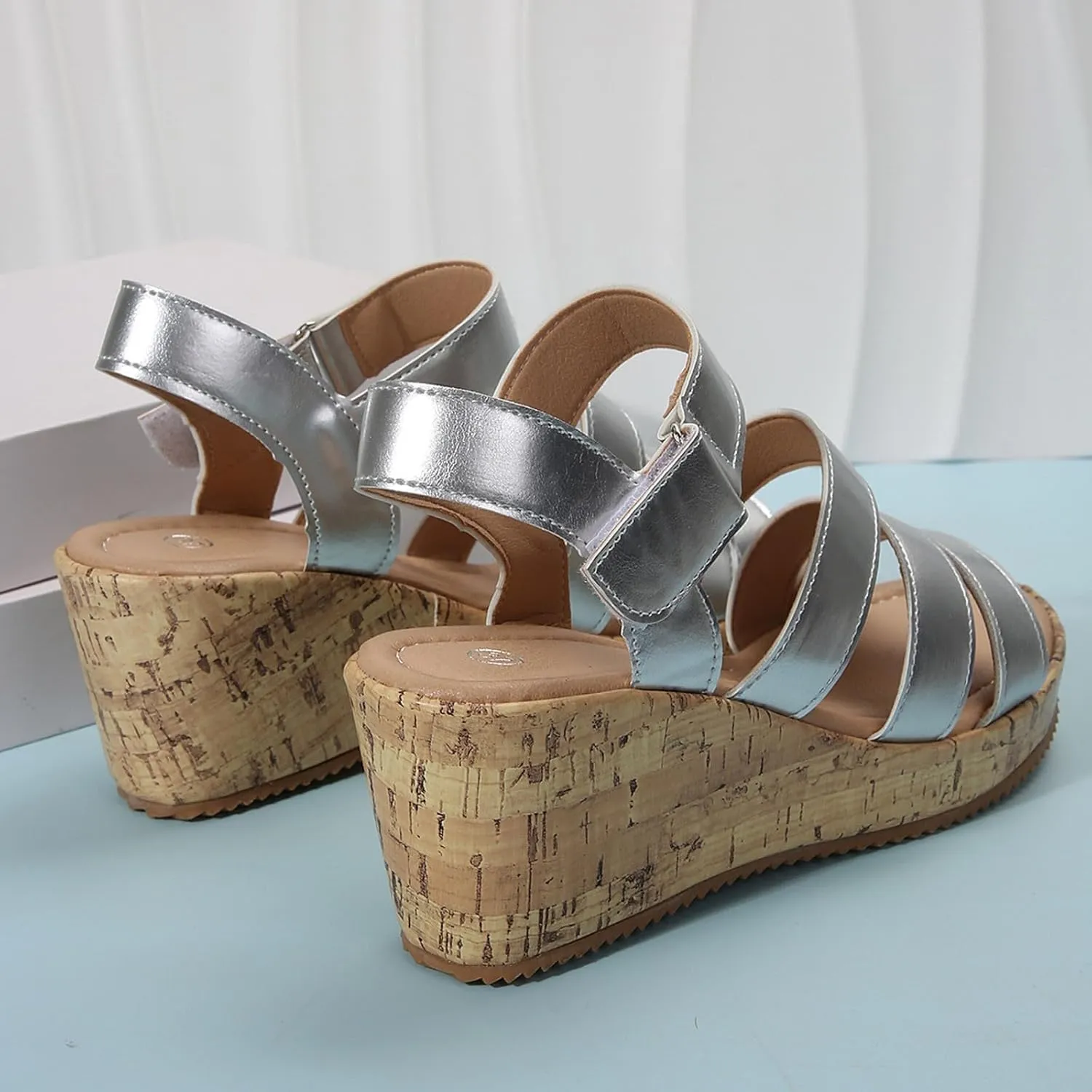 Women's Leather Cork Strappy Wedge Sandals Platform Sandal Dressy Wide Orthopedic Arch Support Open Toe Walking Shoes Hollow Out Travel Beach Comfort Slingback Casual Flat Wedges Heels