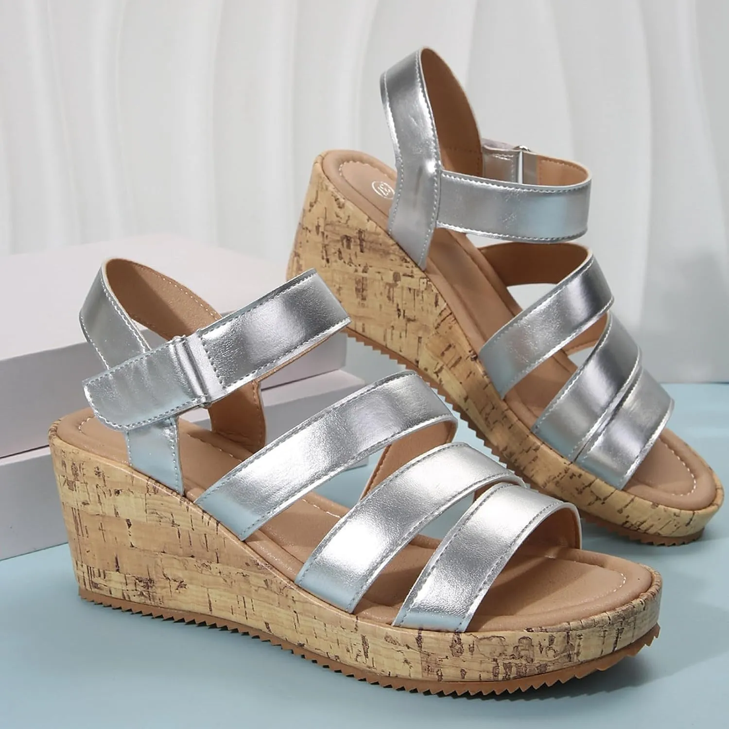 Women's Leather Cork Strappy Wedge Sandals Platform Sandal Dressy Wide Orthopedic Arch Support Open Toe Walking Shoes Hollow Out Travel Beach Comfort Slingback Casual Flat Wedges Heels
