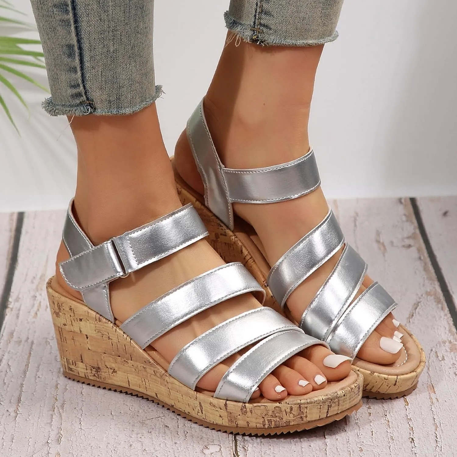 Women's Leather Cork Strappy Wedge Sandals Platform Sandal Dressy Wide Orthopedic Arch Support Open Toe Walking Shoes Hollow Out Travel Beach Comfort Slingback Casual Flat Wedges Heels