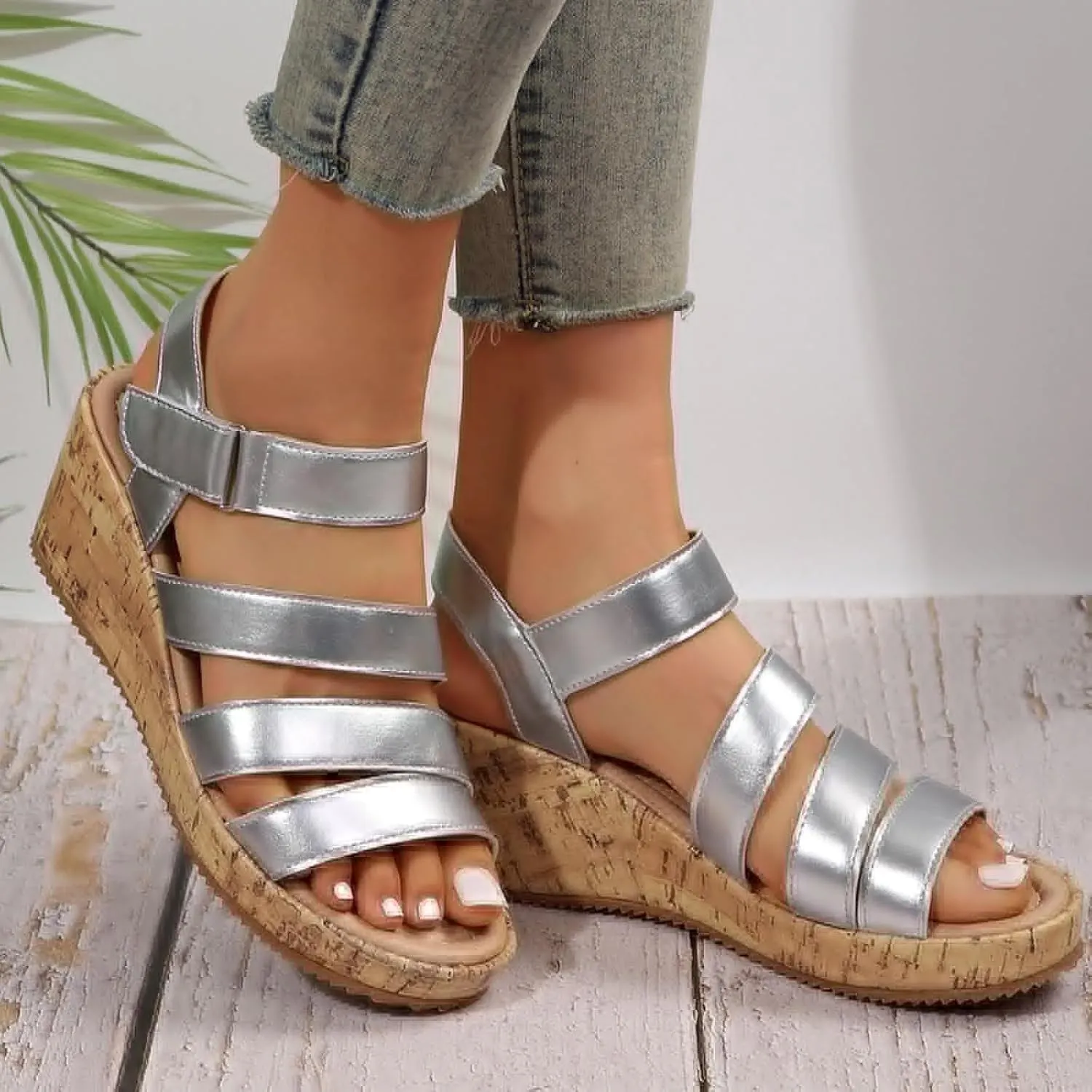 Women's Leather Cork Strappy Wedge Sandals Platform Sandal Dressy Wide Orthopedic Arch Support Open Toe Walking Shoes Hollow Out Travel Beach Comfort Slingback Casual Flat Wedges Heels