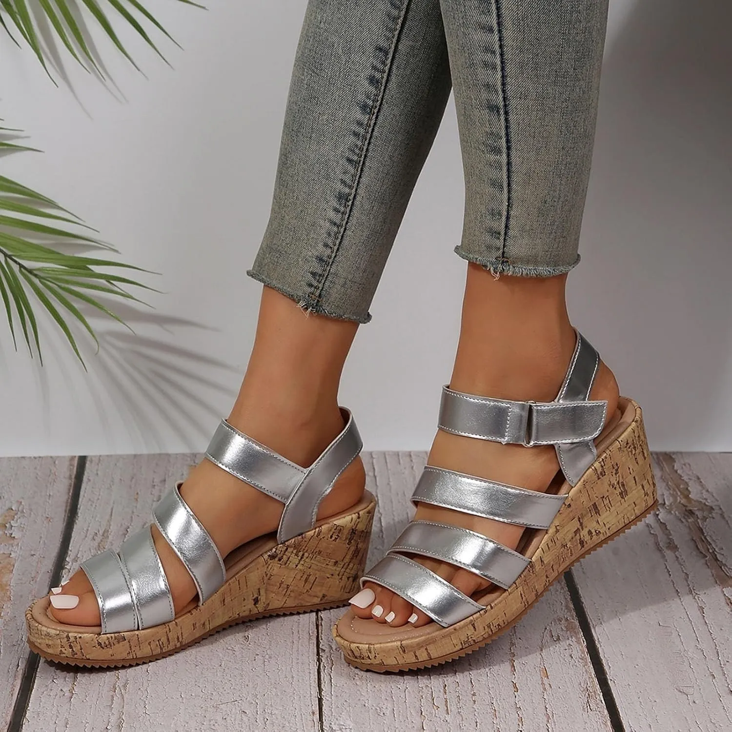 Women's Leather Cork Strappy Wedge Sandals Platform Sandal Dressy Wide Orthopedic Arch Support Open Toe Walking Shoes Hollow Out Travel Beach Comfort Slingback Casual Flat Wedges Heels